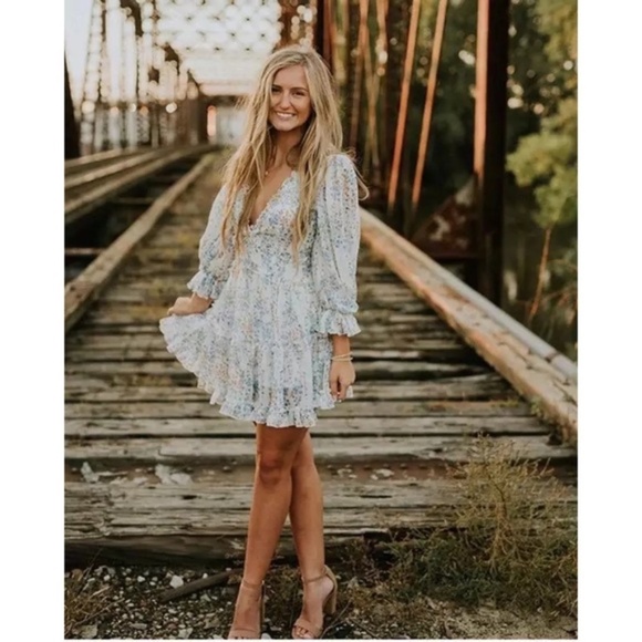 Floral Ruffle Chiffon Long Sleeve Open Back Dress - Picture 5 of 8